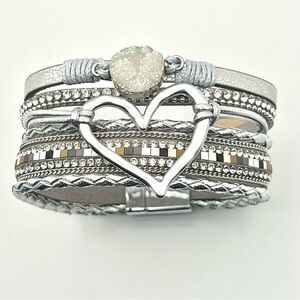 Boho Style Multilayer Silver Heart Charm and Druzy Stone Bracelet